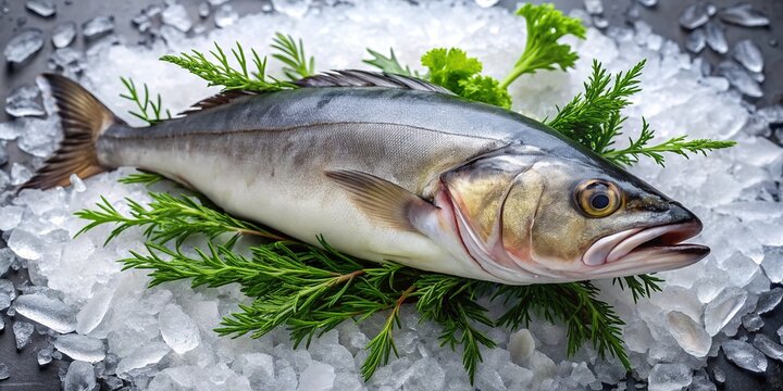 Freshly caught sablefish with silvery skin and dark flesh lies on a bed of crushed ice, surrounded by seaweed and ocean spray.