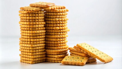 Golden crackers stacked high in a precarious tower, with a few stray crackers scattered around the base, on a white background, inviting snack time.