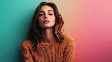 Fototapeta premium Thoughtful Brunette Woman in Warm Toned Studio Portrait