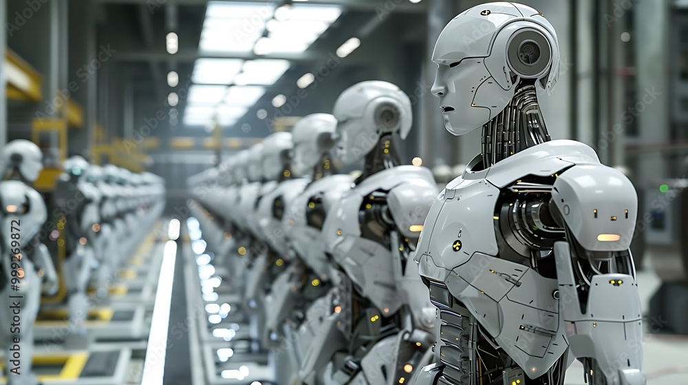 Poster humanoid robots standing in an industrial factory setting, showcasing the power of automation in mod