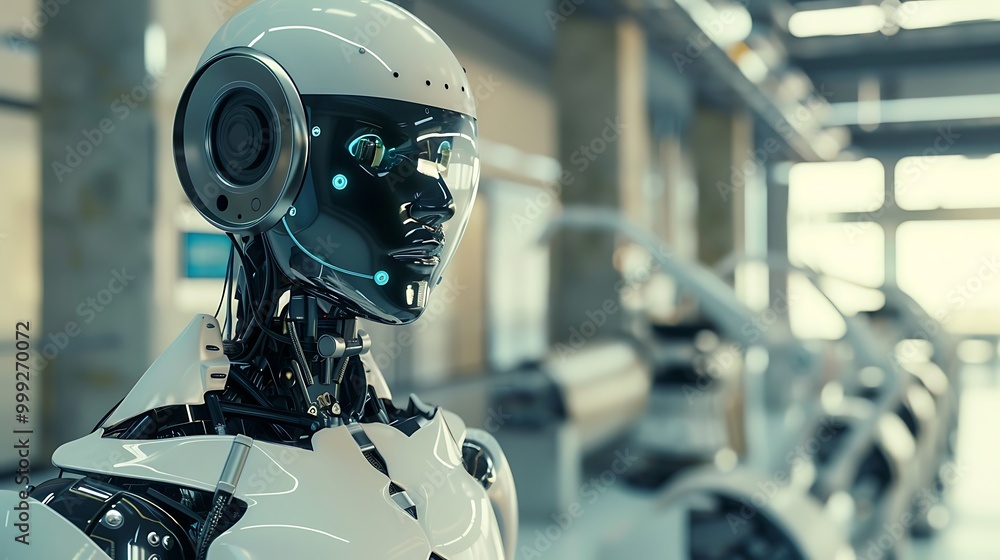 Poster close-up shot of a humanoid robot's head and shoulders in a factory setting. the robot's metallic bo