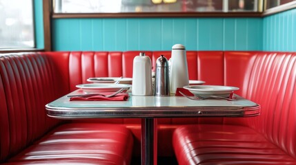 A classic diner booth with red vinyl seating and a retro table setting.