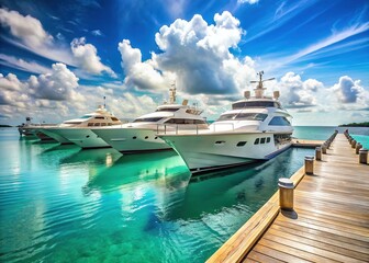 Fototapeta premium Luxurious white yachts with sleek lines and billowing sails moor alongside a weathered wooden pier, surrounded by calm turquoise waters and a sunny blue sky.