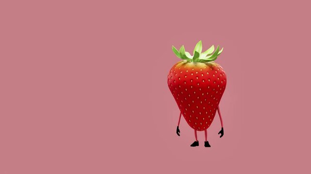 A 3D animated strawberry character standing idle, waiting or resting. The scene captures stillness and anticipation, blending the charm of a vibrant, colorful fruit with playful digital animation