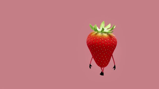 A 3D animated strawberry character walking with a lively stride. The scene highlights playful movement and creativity, blending the charm of a vibrant, colorful fruit with fun digital animation.
