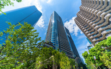 looking up view of city skyline in tokyo, japan