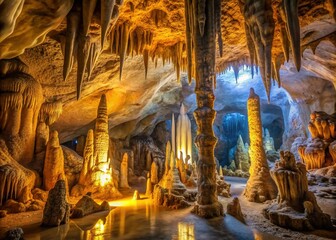 Majestic limestone cavern with towering stalactites and stalagmites, illuminated by soft warm light, revealing ancient geological formations in a vast, eerie underground landscape.