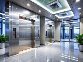 Naklejka premium Modern elevator doors open to reveal a sleek, silver cabin with reflective walls and a digital floor display in a contemporary office building.