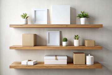Modern minimalist wooden shelf display mockup with blank white boxes and mock products, ideal for showcasing e-commerce products, promotions, and brand storytelling.