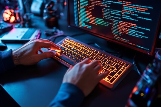Close-up of a hacker&acirc;&euro;&trade;s hands typing on a keyboard, with glowing lines of code reflected in the screen, surrounded by hacking software and encryption tools