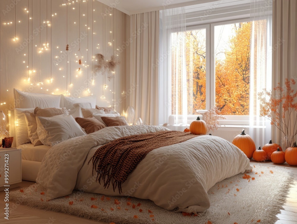 Wall mural Cozy light bedroom decorated with pumpkins and lamps