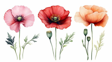 Watercolor Poppy Flowers with Green Stems and Leaves