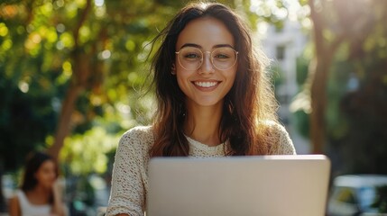 屋外で春の生産性を楽しむ日本人女性