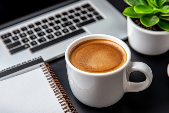 Coffee cup on a desk with a laptop and notebooks, creating a cozy, productive workspace environment, symbolizing focus and energy