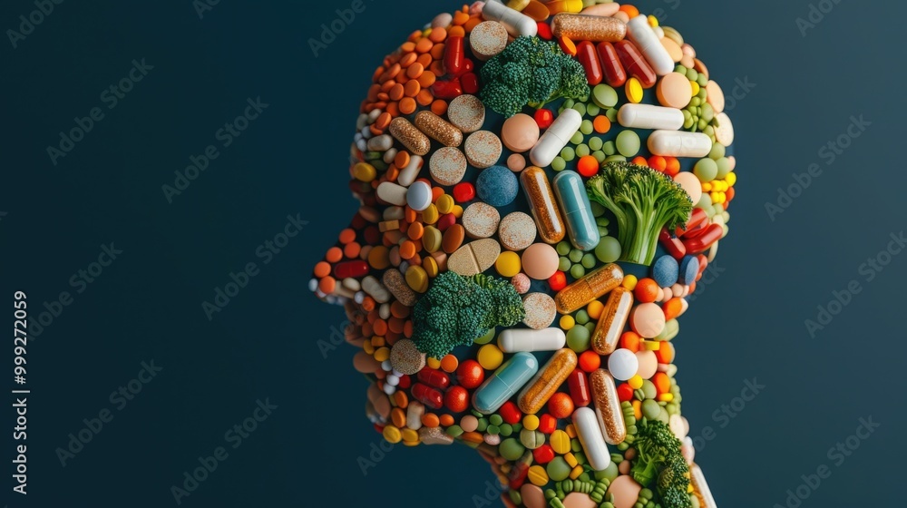 Poster dynamic visualization of a flow of various vitamins minerals and nutrients forming an abstract body 