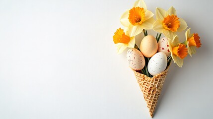 Daffodil flowers in waffle cone with easter eggs, white background