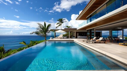 Fototapeta premium Modern villa with an infinity pool overlooking the ocean on a sunny day.