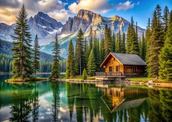 Rustic wooden cabin surrounded by tall pine trees with a serene mountain lake in the background, evoking a sense of peaceful wilderness retreat.