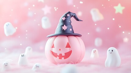 Obraz premium A soft pink pumpkin with a witch hat surrounded by tiny pastel ghosts and stars in the sky