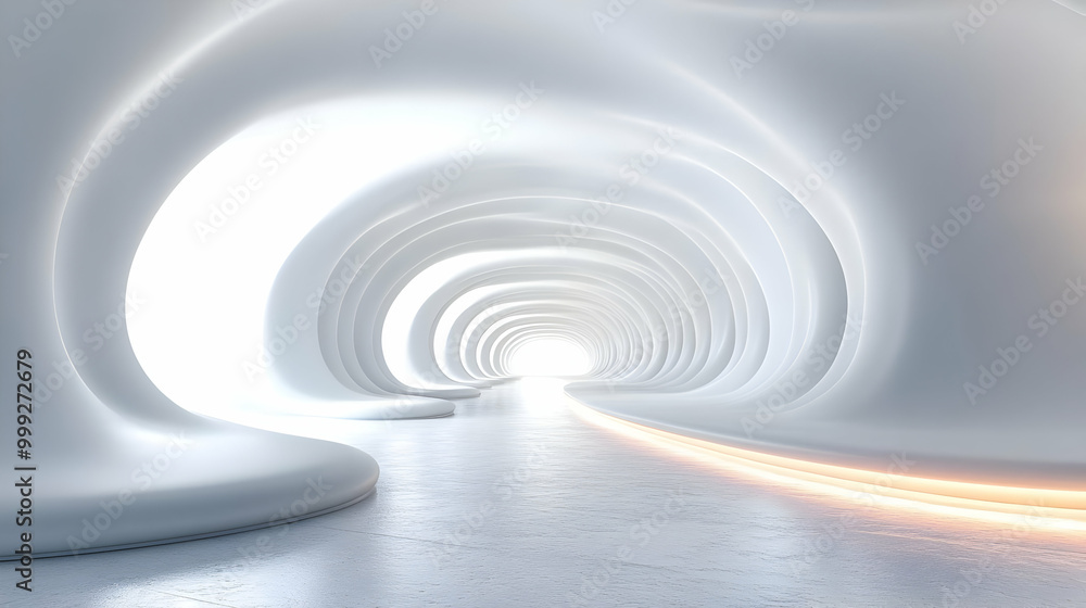 Poster abstract white tunnel with light at end: futuristic architecture design