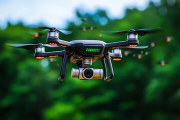 Drone swarm flying over a forest, with small, intelligent drones collecting environmental data, symbolizing the use of robotics in ecological research and conservation