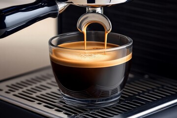 Espresso machine pulling a perfect shot, with the crema forming on top, highlighting the precision and craftsmanship of making espresso