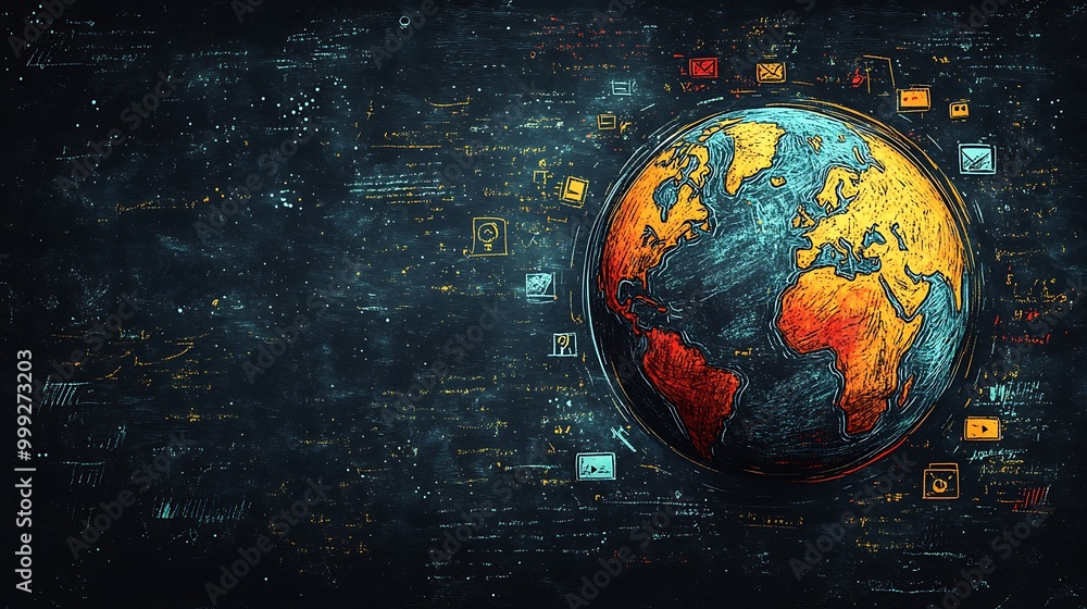Aufkleber hand-drawn globe with digital data around it, representing global interconnectedness.