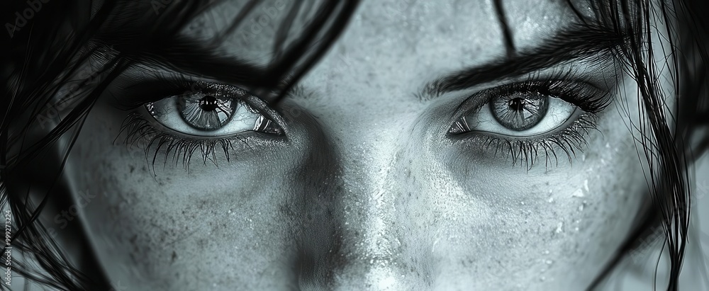 Wall mural intense black and white portrait highlighting a womans striking eyes with sharp contrasts between sh