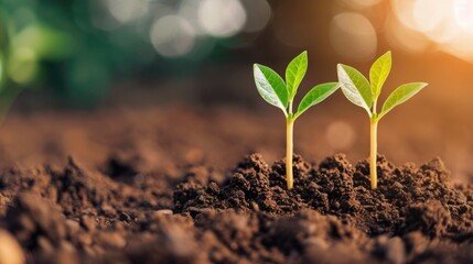 Fototapeta premium Sprouting green plant seedlings growing in soil symbolize the potential for socially responsible investing to drive sustainable growth environmental impact and community development