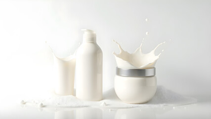 Milk splash. cosmetic product mockups on geometric podiums. Background for presentation of cosmetic