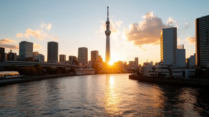 Obraz premium 夕暮れ時のモダンな東京のスカイライン: 都会の静けさ、プリントやポスターに最適