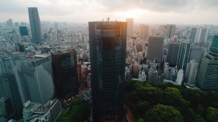 Obraz premium 夕暮れ時のモダンな東京のスカイライン：印刷物やポスター用の都市の融合