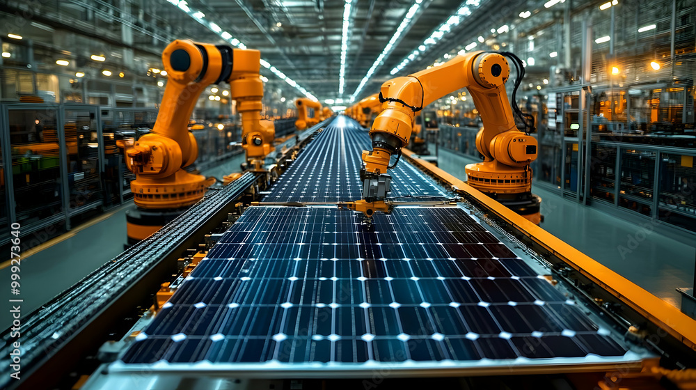 Poster robots assemble solar panels on automated production line in a factory