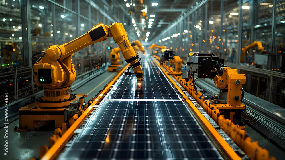 Poster robots assembling solar panels on a factory line