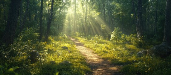 A winding path through a sunlit forest, leading to a mysterious destination.