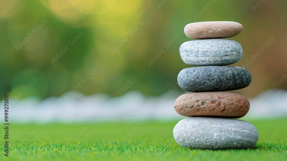 Poster stacked stones in a serene natural setting with a lush green grass backdrop creating a calming and b