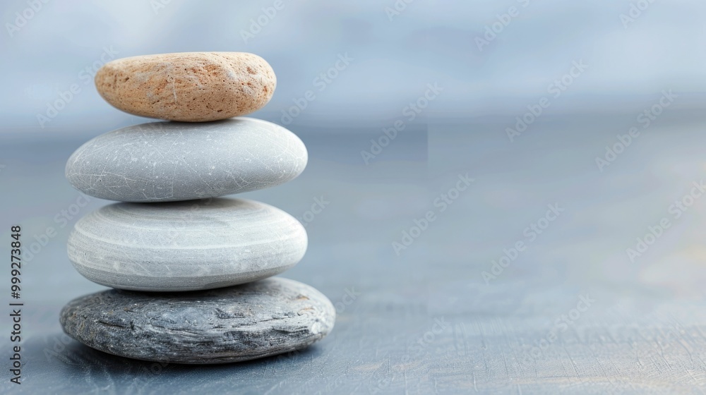 Poster a stack of smooth naturally worn stones arranged in a balanced zen like composition against a soft b