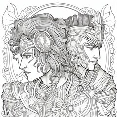 A stylized black and white illustration of two armored figures facing away from each other, surrounded by intricate designs.