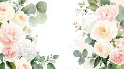 Light pink roses, white peonies, hydrangeas, blush ranunculus, eucalyptus, greenery, wedding seasonal floral Card design frame. Floral watercolor banner composition.