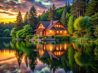 Fototapeta premium Serene summer evening scene of a cozy lakeside home surrounded by lush green trees, with a tranquil lake reflecting the warm sunset colors.