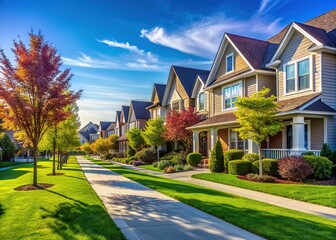 Obraz premium Serene suburban neighborhood with rows of single-family homes, manicured lawns, and mature trees lining the sidewalk under a clear blue sky.