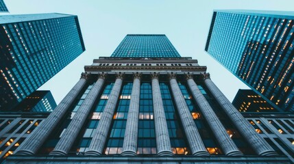 Impressive high rise skyscrapers and office towers dominating the cityscape of the bustling financial and commercial district