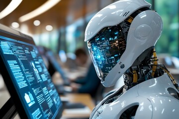 Fototapeta premium Futuristic law library with AI assistance, where robotic librarians and digital screens instantly provide legal knowledge, creating an advanced, tech-driven legal world