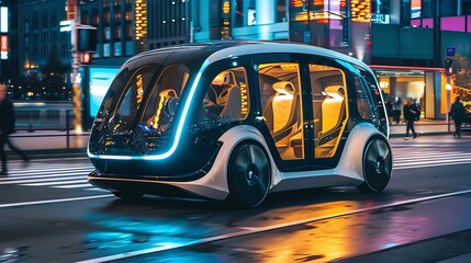 Autonomous vehicle drives through bustling city at night with sleek modern design illuminated by streetlights and neon signs for showcasing futuristic transportation and smart mobility concept.