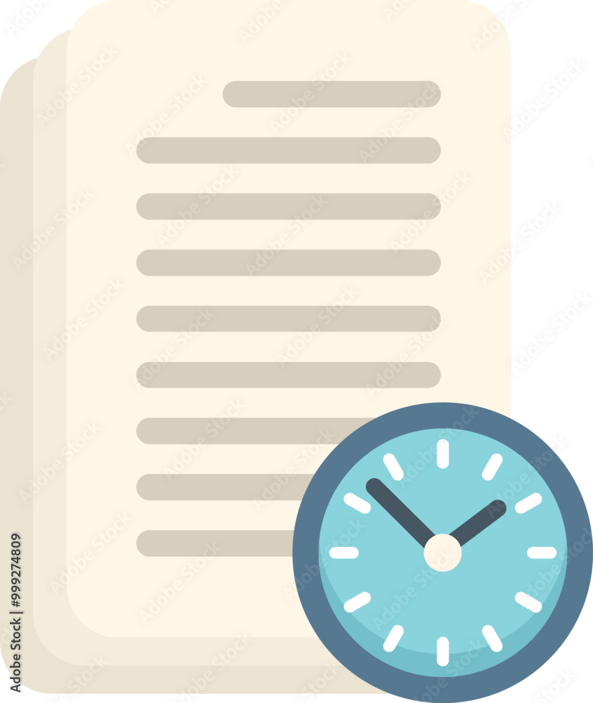 Poster clock managing time of document with lines representing text, concept of time management, planning a