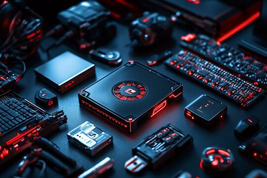 Hacker tools spread across a desk, including encrypted hard drives, network sniffers, and remote access tools, in a dark, high-tech environment