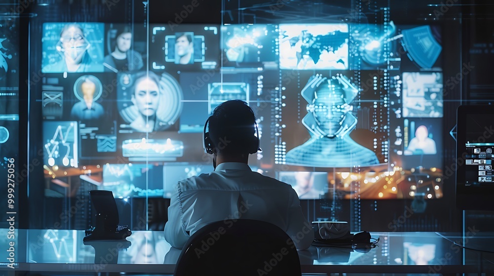 Poster security officer wearing a headset intently monitors a sophisticated surveillance system, focusing o