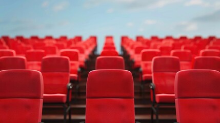 Obraz premium Rows of vibrant red chairs in an empty auditorium or theater setting representing the potential for investment in the entertainment industry and the depth of opportunities in this field