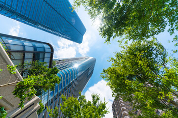 looking up view of city skyline in tokyo, japan