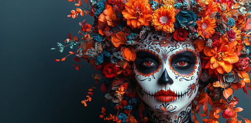 A beautifully adorned female skull face with intricate decorations, set against a clean white background, radiating a celebratory atmosphere, reflecting the spirit of the day of the dead.